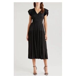 MOON RIVER Plissé Midi Dress Size XS Black NEW Pleated Goddess Party Tuckernuck